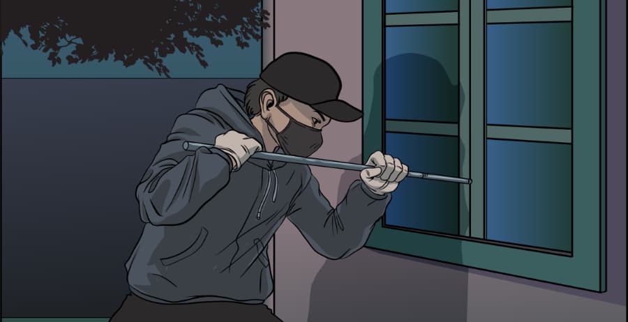 Illustration of burglar forcing entry through a window in Atlanta
