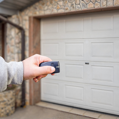 Atlanta security key fob pointing to a garage door